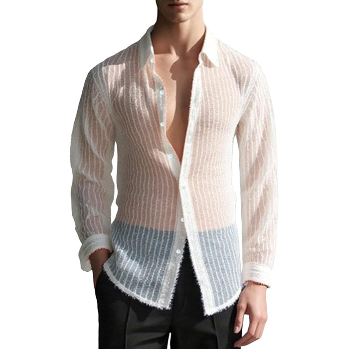 Чоловіча сітчаста сорочка Foweknow з паєтками, прозора, довгі рукави, для клубів, біла