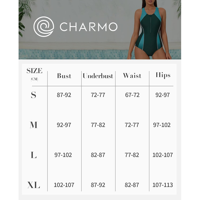 Чармо жіночий купальник для спорту з животом, цілісний з блискавкою спереду, купальник з чашками, чорний/білий, XL