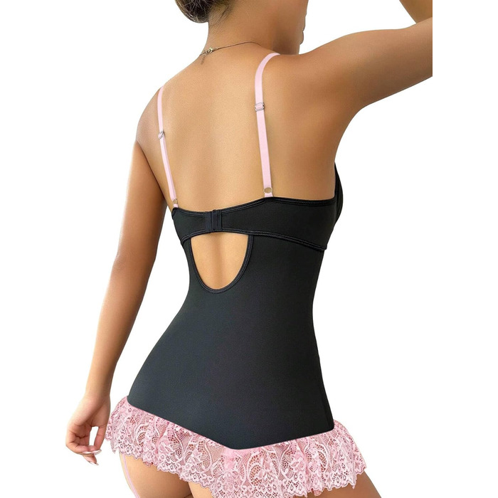 Сексуальний жіночий комплект спідньої білизни: мереживний боді з поясом для панчіх, V-подібний виріз, бантик спереду, підтримуючий каркас, з панчіхами (чорний/рожевий, 3XL)