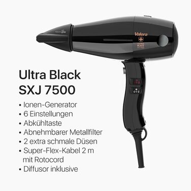 Професійний фен для волосся Valera Swiss Silent Jet Light 7500 Ultrablack, 2000 Вт, з іонним генератором та мотором PM-Pro