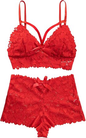Сексуальний комплект нижньої білизни Lilosy з високою талією та V-подібним вирізом, блакитне мереживо, бюстгальтер та труси, 2-частинний, колір: світло-червоний (M)