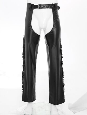 Костюм ковбоя з еластичної шкіри TTAO для чоловіків: штани з відкритим кроком, з бахромою та пряжкою, чорного кольору
