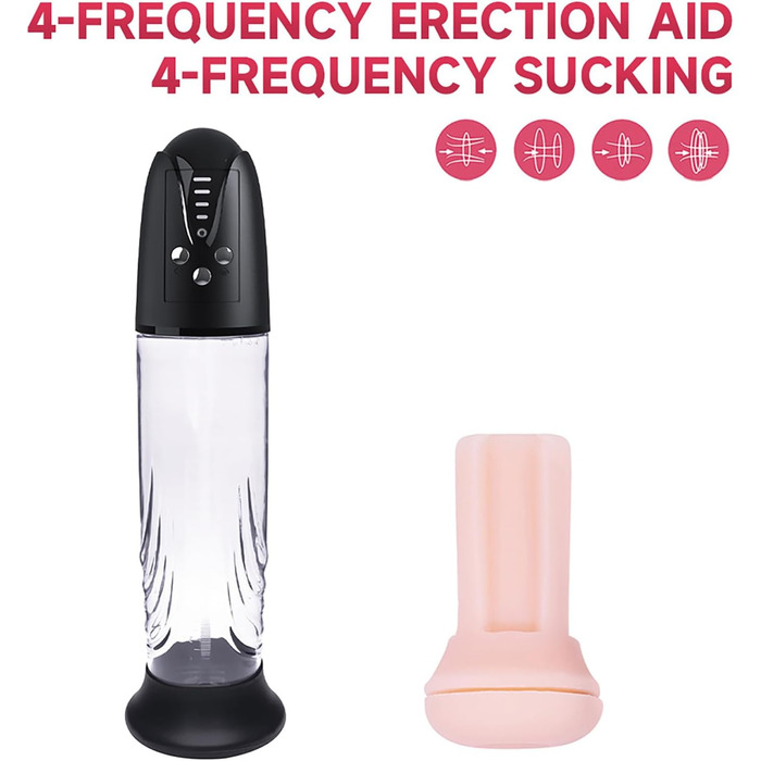 Електрична пеніс-насос з 4 рівнями інтенсивності та 4 режимами вакууму для збільшення пеніса. Мастурбатор з силіконовими насадками та сумкою