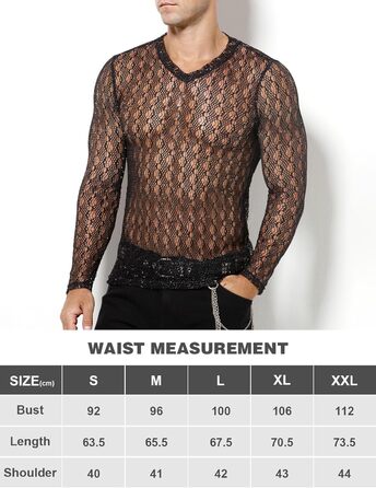 Муслін футболка Casey Kevin Herren Transparent, прозора сітка з довгим рукавом, сріблясті акценти, вертикальна смужка, V-подібний виріз, A2-чорний L