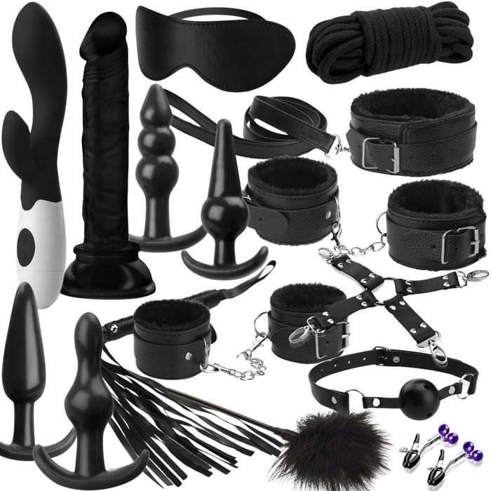 Еротичний набір: вібратор, ділдо, анальні пробки, кайданки, стек, ошийник, кнебел, пов'язка на очі та затискачі
