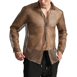 Чоловіча прозора сітчаста сорочка AIEOE: літня, мереживна, з довгим рукавом, для фестивалів, клубів, вечірок, костюм, коричневий