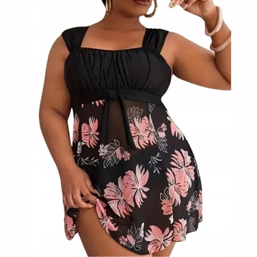 Жіночий роздільний купальник танкіні з квітковим принтом, чорний, PLUS SIZE
