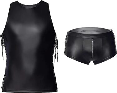 Чоловічий комплект: шкіряна жилетка, шорти, майка. Сексуальний набір для ночі. Чорний, без рукавів, облягаючий, для нічного клубу. Wetlook, комплект з 5 частин.