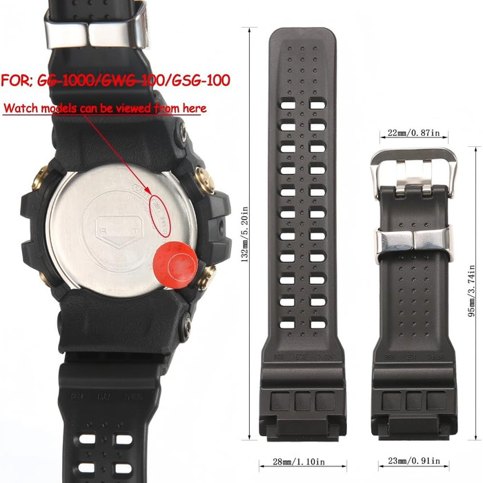 Запасний ремінець для годинника Casio G-Shock GG-1000, GWG-100 (чорний, зі сталевою застібкою) — сумісний з GG-1000-1A5CR, GG-1000-1A3CR, GWG-100-1A8JF