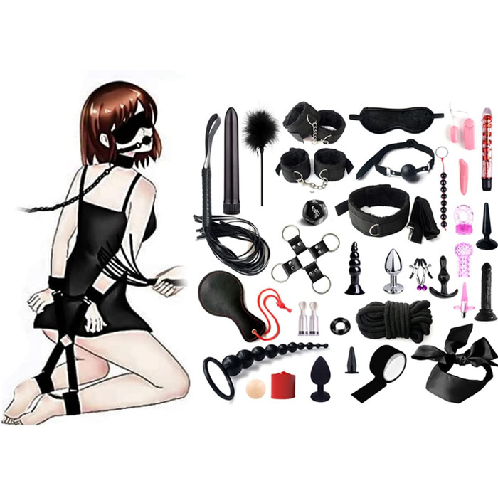 Набір для БДСМ: 35 елементів, шкіряні аксесуари, наручники, анальні іграшки для пар