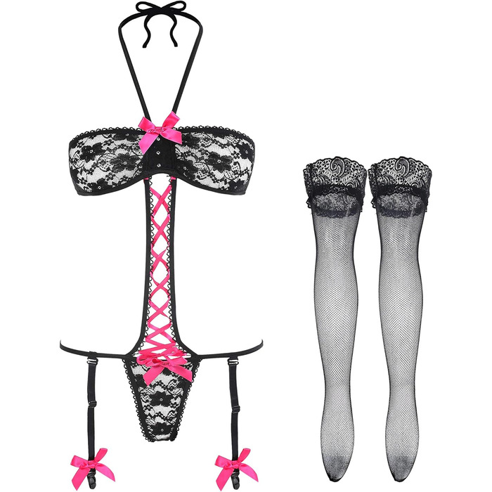 EROMATE Чорний корсет з мереживом для жінок, поясок-петля, мереживні панчохи, чорний/рожевий, універсальний розмір