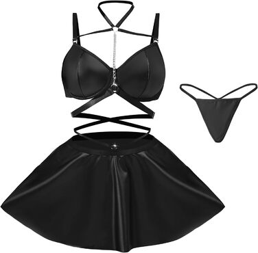 Елегантний костюм Evelife з чорного штучної шкіри: міні-сукня та бюстгальтер push-up з металевим ланцюжком. Ідеально для вечірок, клубів та тематичних заходів. Розмір M.