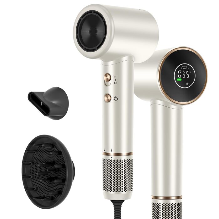 Професійний фен для волосся Parwin Pro Beauty Air-Sonic з HD-LED дисплеєм, безщітковим мотором 110,000 RPM та іонізацією (200 млн негативних іонів), швидка сушка 25м/с, Champagne Silver