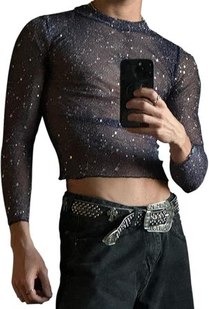 Футболка з довгим рукавом з блискітками для чоловіків, мереживна, прозора сітка, XL, фіолетовий