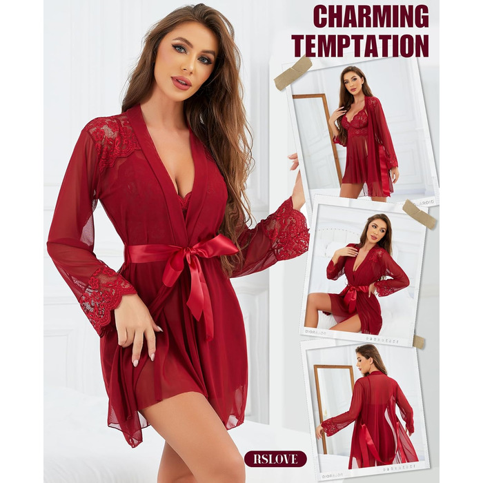 RSLOVE Сексуальний жіночий комплект нижньої білизни: мереживний халат, нігліж, боді з сітки, 3 шт. - Вишневий