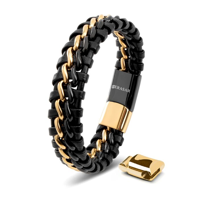 Шкіряний чоловічий браслет SERASAR Premium зі сталевим магнітним замком (Gold/Schwarz), 20 см, у подарунковій коробці