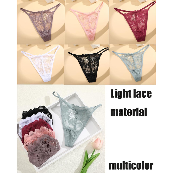 Сексуальні жіночі трусики-танга ALL OF ME (6 шт.) з мережива, кольори: білий, чорний, фісташковий, сіро-блакитний, рожевий, хакі, розміри S-XL