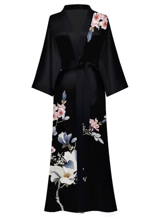 Жіночий шовковий халат-кімоно Moreone з квітковим принтом, довгий, атласний, для нареченої та дружок, нічна сорочка (Чорний, 6)