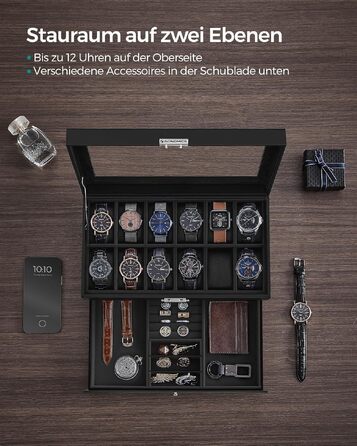 Бокс для годинників SONGMICS зі скляною кришкою на 12 годин, 2 рівні, з замком та шухлядою, чорний (JWB012B03)