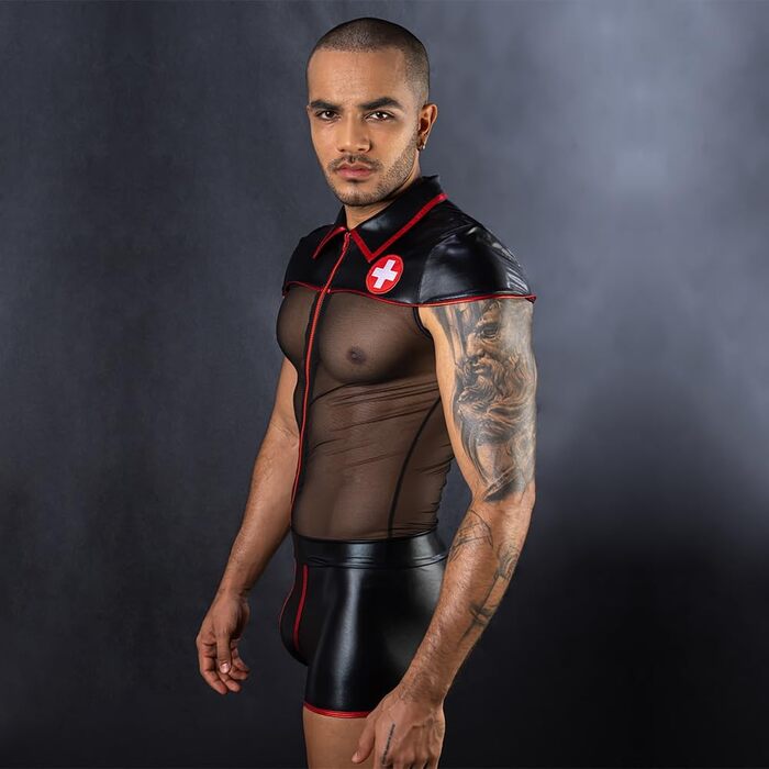 Костюм медсестри з сіткою та шкірою, боді XL чорного кольору для косплею та рольових ігор