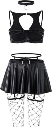 Комплект жіночої білизни Lilosy: панчіхони, чокер, ремінець, бюстгальтер з під підняттям, спідниця, чорний, XXS