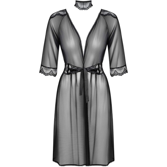 Сексуальний жіночий комплект білизни Selente Love & Fun: халат, танга/ніжна сорочка та шовкова маска для очей (S-M, чорний мереживний)