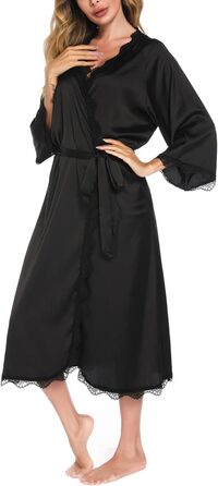 Шовковий халат Aranmei для жінок: довгий, з V-подібним вирізом, 3/4 рукава, нічний халат, халат для сну, кімоно, чорний, з мереживом