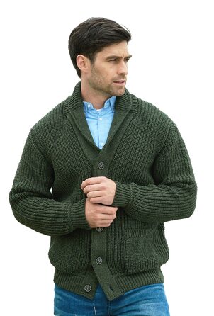 Чоловічий в'язаний кардиган Aran Crafts з 100% мериносової вовни, рифлений, колір армійський зелений, розмір S