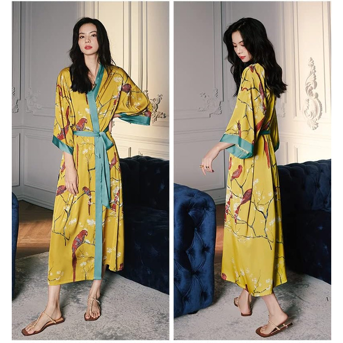 Жіночий халат з атласу, максі, довгий, шовковий кімоно, сукня з квітковим принтом, легкий халат, літня роба, піжама, для вечірок (універсальний розмір, жовтий)