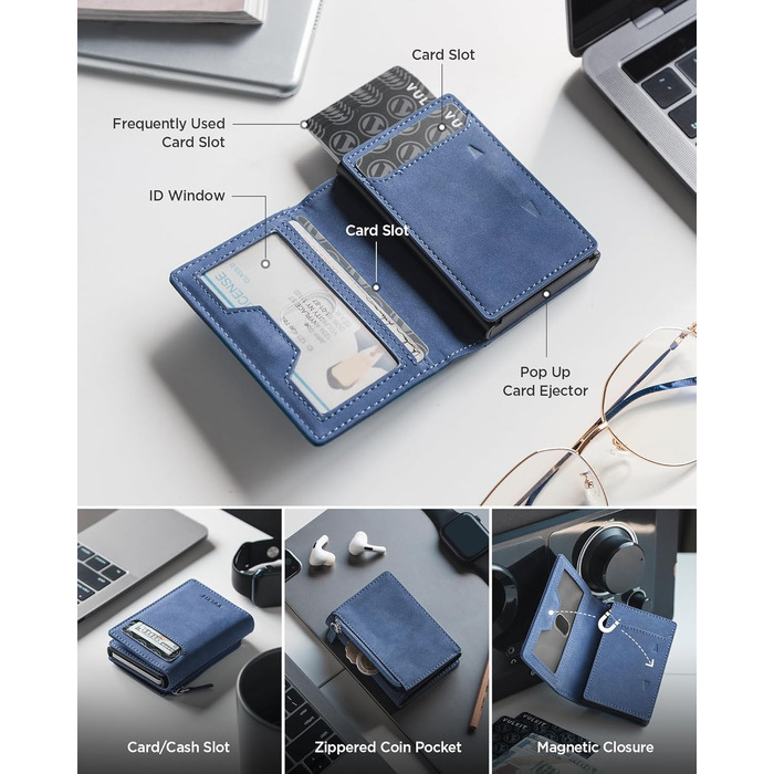 Чоловічий шкіряний гаманець-картхолдер VULKIT з RFID/NFC захистом, відділенням для монет та віконцем для посвідчення, синій