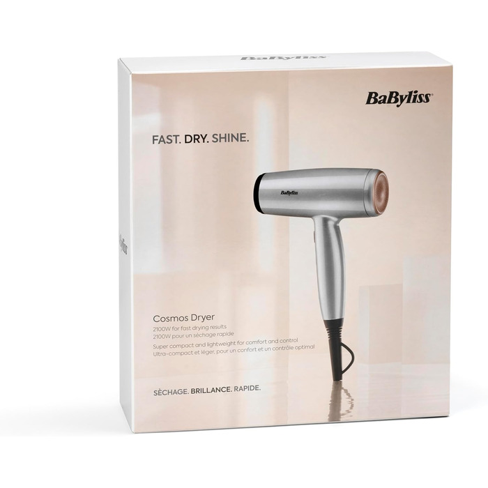 Фен для волосся BaByliss Cosmos D580DE з дифузором, 2100 Вт, іонізація, 3 температурних та 2 режими обдуву, сріблястий (Satined Cosmic Grey)