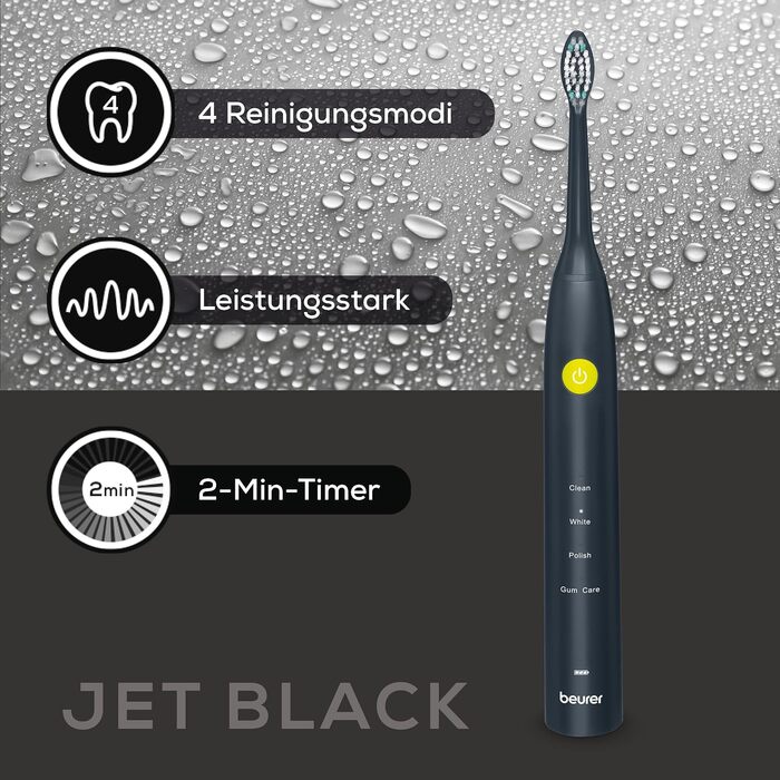 Електрична звукова зубна щітка Beurer SC 30 Jet Black: 4 режими чищення, 80 000 вібрацій, LED-дисплей та акустичний таймер, 2 насадки, еко-корпус