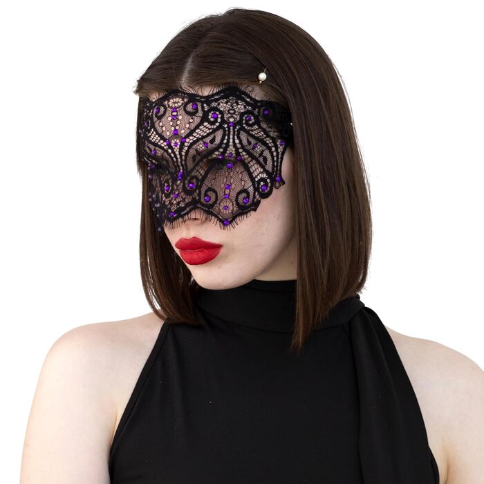 Чорна мереживна маска для жінок з кристалами – елегантна венеціанська маска для маскараду, готичної вечірки, косплею, карнавалу та особливих подій – ручної роботи (чорна з фіолетовими стразами)