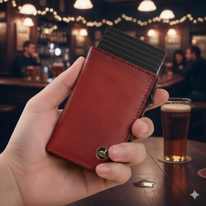 Шкіряний картхолдер Fa.Volmer POP-UP з монетницею та RFID захистом для чоловіків та жінок, Бордовий (на 11 карток)