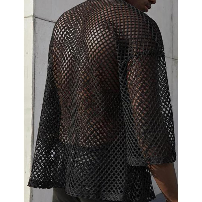 Чоловіча прозора блуза з довгим рукавом Panegy, мереживна сорочка, сітчаста, облягаюча, чорна, розмір L