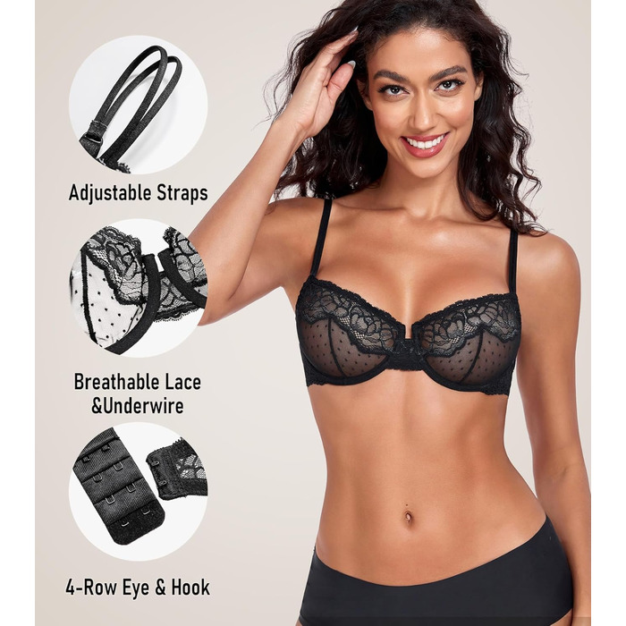 Чорний бюстгальтер Lemorosy з кісточками, мереживний, напівпрозорий, балконет, без підкладки, сітка, 75E