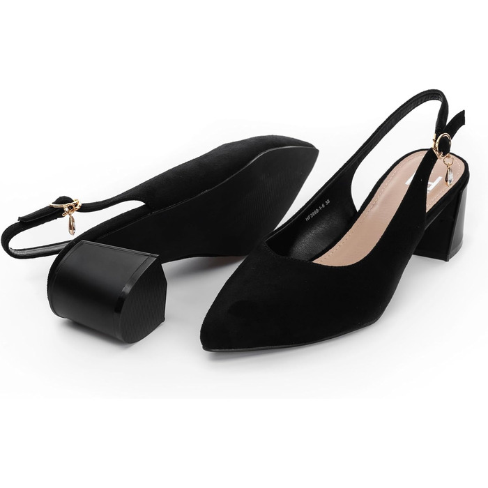 Жіночі туфлі-човники Slingback на стійких підборах 5.5 см, екозамша, чорні, розмір 38 EU