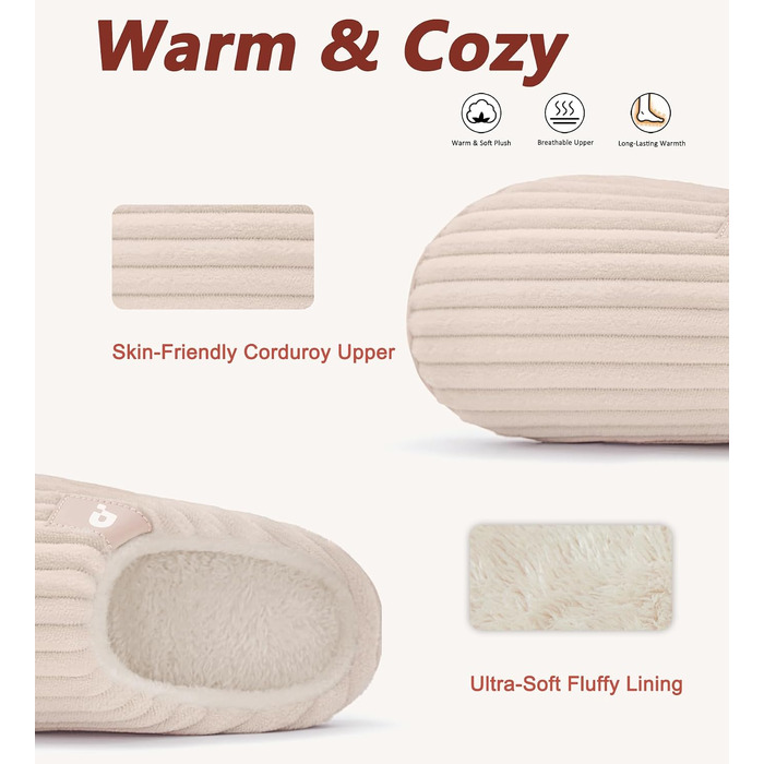 Зимові теплі капці Coswind для жінок та чоловіків з ефектом пам'яті (Memory Foam), вельветові пантофлі, бежеві, розмір 36/37 EU