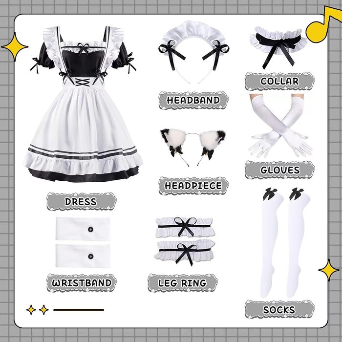 Костюм французької служниці: комплект для косплею, карнавалу та Хелловіну (чорний, L)