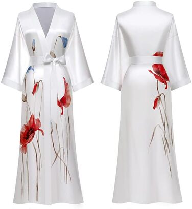 Халат жіночий атласний максі довгий, шовковий кімоно, сукня з квітковим принтом, легкий халат, літня роба, піжама для дівчат, вечірній халат, універсальний розмір, білий