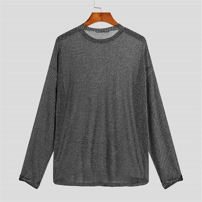 Чоловіча сітчаста футболка з довгим рукавом, прозора, сексуальний стиль, streetwear, для вечірок та клубів, срібна, 3XL