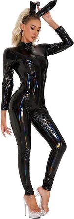 Латексний жіночий костюм-комбінезон з довгим рукавом. Чорний латексний боді з високим вирізом. Сексуальний велюровий костюм для дорослих.
