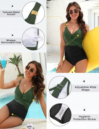 Спортивний купальник для жінок з ефектом корекції фігури, великі розміри, Push Up, висока талія, з чашками, Bademode, зелений та чорний, XXL