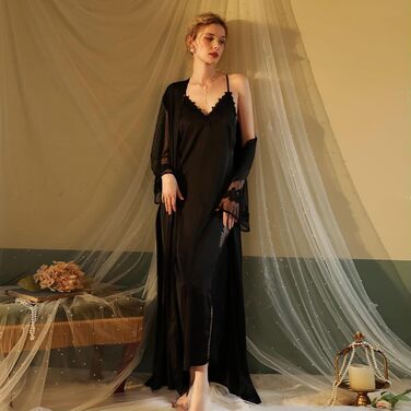 Шовкова піжама-сорочка Babydoll з мереживом для жінок, нічна сорочка, біла (чорна, S)