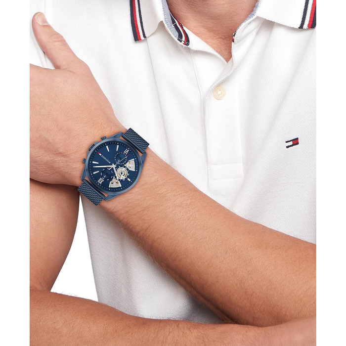 Чоловічий кварцовий годинник Tommy Hilfiger з багатофункціональним циферблатом, сталевим браслетом та шкіряним ремінцем (Blue, Mesh)
