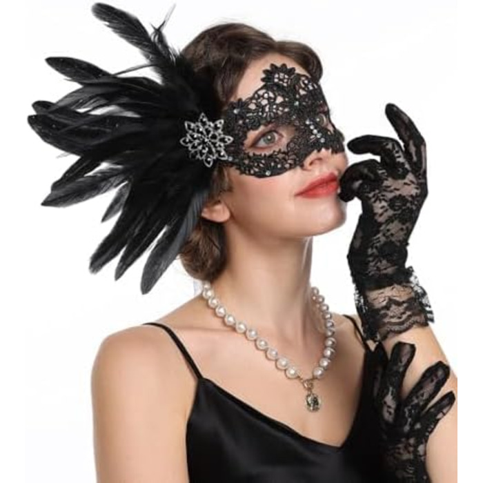 Маска та рукавички для жінок, венеціанський карнавал, чорний колір, для маскараду та костюмованих вечірок