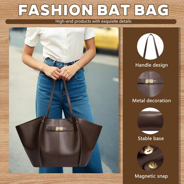 Жіноча сумка-шопер великого розміру Tote Bag, шкіряна сумка на плече з від’ємним ременем, вінтажна сумка для роботи, офісу та подорожей (коричнева)