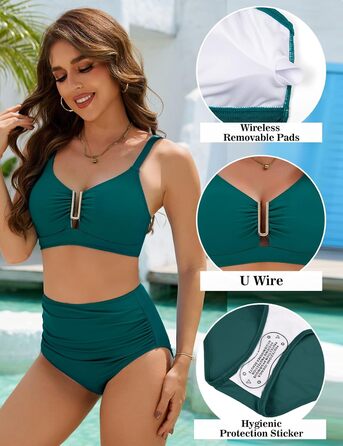 БІКІНІ Daen Set Push Up Висока Талія Бандо, Знімне Шовкове Роздільне Пляжне Одягнення для Жінок (Турквіс, XL)