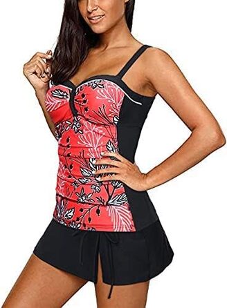 Танкіні жіночий Yonique з спідницею, купальник ручка, роздільний купальник з пуш-ап, XS-XXL, червоний з квітковим принтом