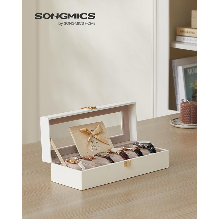 Бокс для годинників SONGMICS на 6 відділень з кришкою зі скла та знімними подушками, PU-шкіра, чорний (JWB06BK)